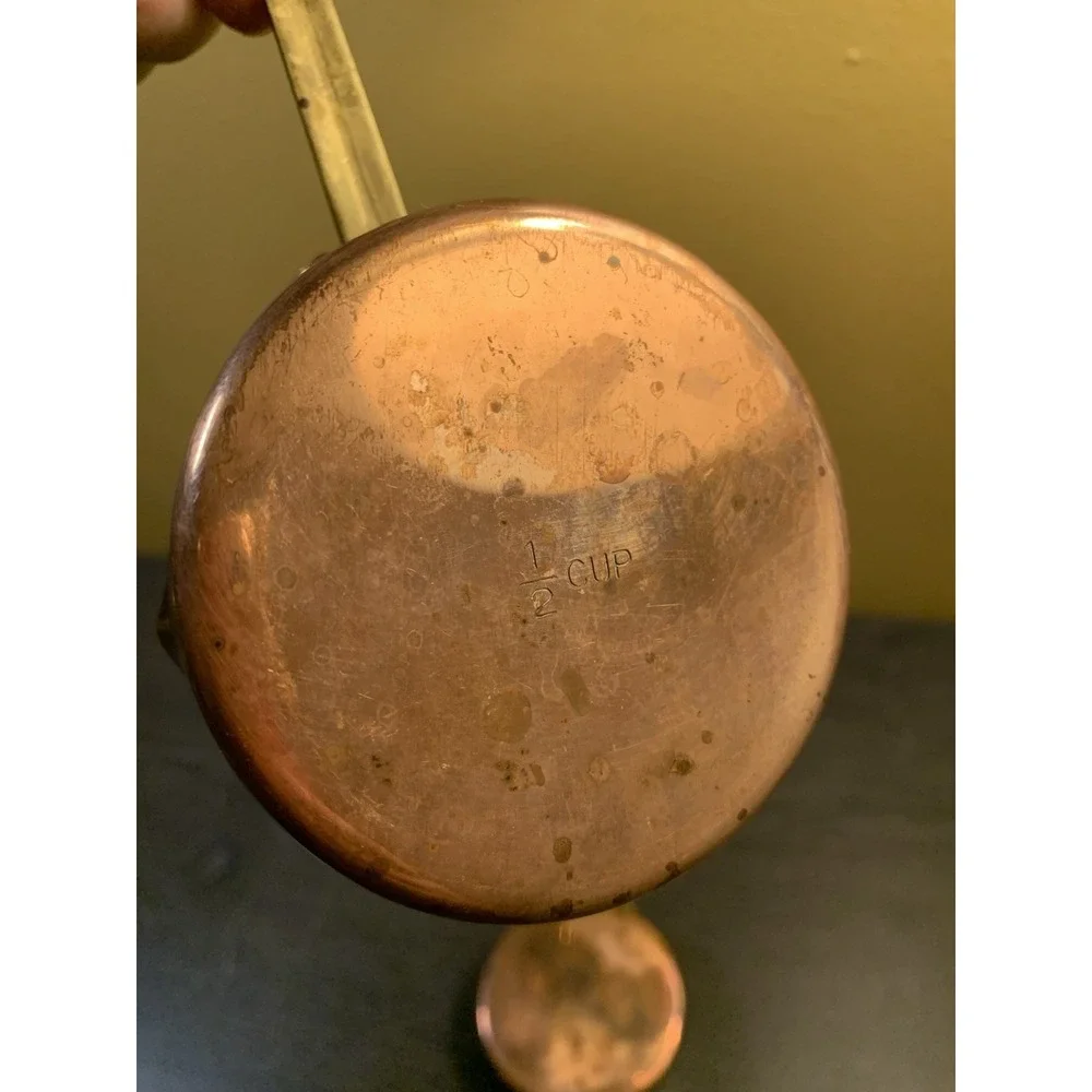 Vintage Copper Measuring Cups Set 2 Brass Handle Nested Kitchenware 1/2 & 1/4